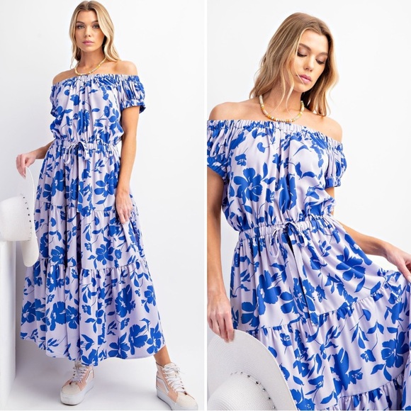 NEW Easel Floral Print Off Shoulder Challis Maxi Dress Sz S Tie Waist Sundress - Picture 1 of 10